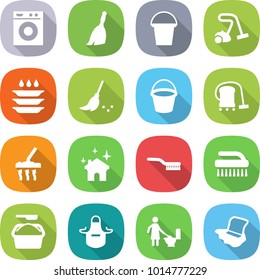 flat vector icon set - washing machine vector, broom, bucket, vacuum cleaner, plate, house cleaning, brush, powder, apron, toilet, floor