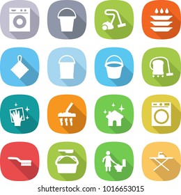 flat vector icon set - washing machine vector, bucket, vacuum cleaner, plate, rag, wiping, house cleaning, brush, powder, toilet, iron board