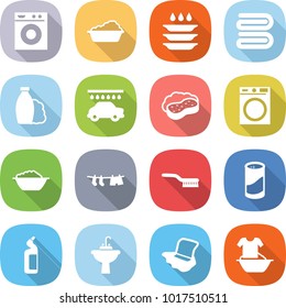 flat vector icon set - washing machine vector, plate, towel, shampoo, car wash, sponge with foam, basin, drying clothes, brush, cleanser powder, toilet, water tap sink, floor, handle