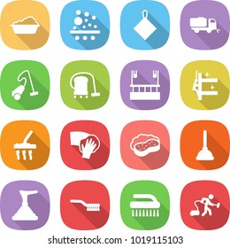 flat vector icon set - washing vector, filter, rag, sweeper, vacuum cleaner, skysrcapers cleaning, skyscrapers, wiping, sponge with foam, plunger, brush