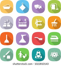 flat vector icon set - washing vector, rag, sweeper, vacuum cleaner, clean floor, skysrcapers cleaning, skyscrapers, plunger, brush, toilet, outsource