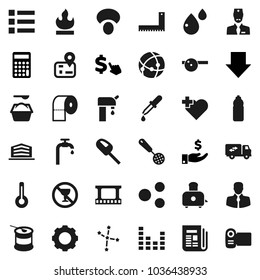 Flat vector icon set - washing powder vector, toilet paper, skimmer, toaster, mushroom, corner ruler, constellation, investment, calculator, arrow down, dollar cursor, sports nutrition, water bottle
