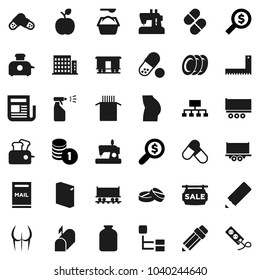 Flat vector icon set - washing powder vector, sprayer, plates, jar, pasta, pencil, corner ruler, apple fruit, coin stack, money search, hierarchy, buttocks, pills, Railway carriage, truck trailer