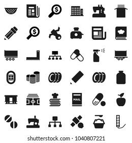 Flat vector icon set - washing powder vector, sprayer, plates, colander, cookbook, jar, pasta, pencil, corner ruler, apple fruit, coin stack, money search, hierarchy, stadium, pills, satellite