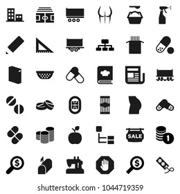 Flat vector icon set - washing powder vector, sprayer, colander, cookbook, pasta, pencil, corner ruler, apple fruit, coin stack, money search, hierarchy, stadium, buttocks, pills, Railway carriage