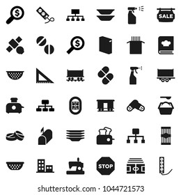 Flat vector icon set - washing powder vector, sprayer, plates, colander, cookbook, pasta, corner ruler, money search, hierarchy, stadium, Railway carriage, satellite, truck trailer, pills, stop