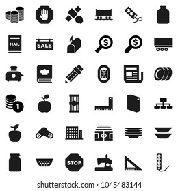Flat vector icon set - washing powder vector, plates, colander, cookbook, jar, pasta, pencil, corner ruler, apple fruit, coin stack, money search, hierarchy, stadium, Railway carriage, satellite