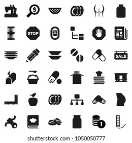 Flat vector icon set - washing powder vector, plates, colander, cookbook, jar, pasta, pencil, corner ruler, apple fruit, coin stack, money search, buttocks, pills, stadium, satellite, newspaper