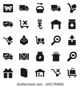 Flat vector icon set - washing powder vector, cereal, pasta, delivery, wood box, cargo, no trolley, hook, warehouse, package, search, pills bottle, relocation truck, gift