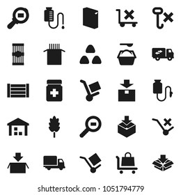 Flat vector icon set - washing powder vector, cereal, pasta, delivery, wood box, cargo, no trolley, hook, warehouse, package, search, pills bottle, drop counter, relocation truck