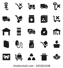 Flat vector icon set - washing powder vector, cereal, pasta, delivery, cargo, no trolley, hook, warehouse, pills bottle, drop counter, relocation truck, gift, package