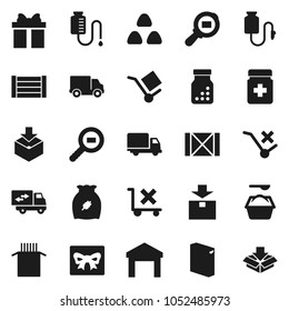 Flat vector icon set - washing powder vector, cereal, pasta, delivery, wood box, cargo, no trolley, warehouse, package, search, pills bottle, drop counter, relocation truck, gift