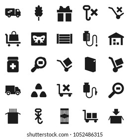 Flat vector icon set - washing powder vector, cereal, pasta, delivery, wood box, cargo, no trolley, hook, warehouse, search, pills bottle, drop counter, relocation truck, gift, package