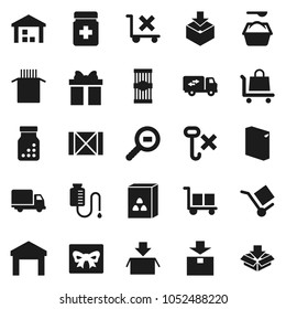 Flat vector icon set - washing powder vector, cereal, pasta, delivery, wood box, cargo, no trolley, hook, warehouse, package, search, pills bottle, drop counter, relocation truck, gift
