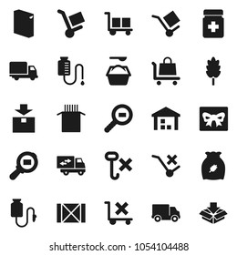 Flat vector icon set - washing powder vector, cereal, pasta, delivery, wood box, cargo, no trolley, hook, warehouse, package, search, pills bottle, drop counter, relocation truck, gift