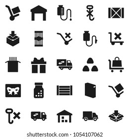 Flat vector icon set - washing powder vector, cereal, pasta, delivery, wood box, cargo, no trolley, hook, warehouse, package, pills bottle, drop counter, relocation truck, gift