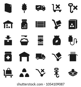 Flat vector icon set - washing powder vector, cereal, pasta, delivery, wood box, cargo, no trolley, hook, warehouse, package, pills bottle, drop counter, relocation truck