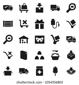 Flat vector icon set - washing powder vector, cereal, delivery, wood box, cargo, no trolley, warehouse, package, search, pills bottle, drop counter, relocation truck, gift