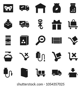 Flat vector icon set - washing powder vector, cereal, pasta, delivery, wood box, cargo, no trolley, hook, warehouse, package, search, pills bottle, drop counter, relocation truck, gift