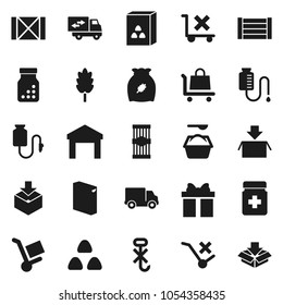 Flat vector icon set - washing powder vector, cereal, pasta, delivery, wood box, no trolley, hook, warehouse, package, pills bottle, drop counter, relocation truck, gift