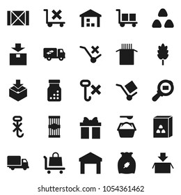 Flat vector icon set - washing powder vector, cereal, pasta, delivery, wood box, cargo, no trolley, hook, warehouse, package, search, pills bottle, relocation truck, gift