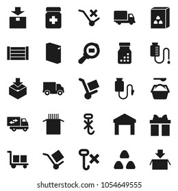 Flat vector icon set - washing powder vector, cereal, pasta, delivery, wood box, cargo, no trolley, hook, warehouse, package, search, pills bottle, drop counter, relocation truck, gift