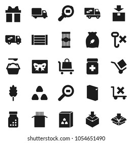 Flat vector icon set - washing powder vector, cereal, pasta, delivery, wood box, cargo, no trolley, hook, package, search, pills bottle, relocation truck, gift