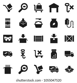 Flat vector icon set - washing powder vector, cereal, pasta, delivery, wood box, cargo, no trolley, hook, warehouse, package, search, pills bottle, drop counter, relocation truck, gift
