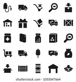 Flat vector icon set - washing powder vector, cereal, pasta, delivery, wood box, cargo, no trolley, warehouse, package, search, pills bottle, drop counter, relocation truck, gift