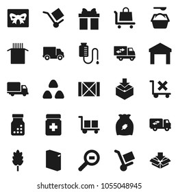 Flat vector icon set - washing powder vector, cereal, pasta, delivery, wood box, cargo, no trolley, warehouse, package, search, pills bottle, drop counter, relocation truck, gift