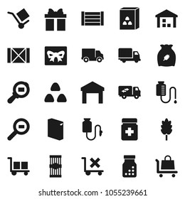 Flat vector icon set - washing powder vector, cereal, pasta, delivery, wood box, cargo, no trolley, warehouse, search, pills bottle, drop counter, relocation truck, gift