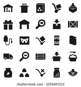 Flat vector icon set - washing powder vector, cereal, pasta, delivery, wood box, cargo, no trolley, warehouse, package, search, pills bottle, drop counter, gift