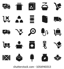 Flat vector icon set - washing powder vector, cereal, pasta, delivery, wood box, cargo, no trolley, hook, package, search, pills bottle, drop counter, relocation truck