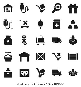 Flat vector icon set - washing powder vector, cereal, delivery, wood box, cargo, no trolley, hook, warehouse, package, search, pills bottle, drop counter, gift