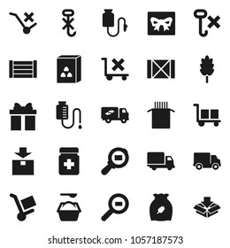 Flat vector icon set - washing powder vector, cereal, pasta, delivery, wood box, cargo, no trolley, hook, package, search, pills bottle, drop counter, relocation truck, gift