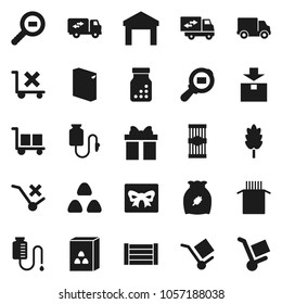 Flat vector icon set - washing powder vector, cereal, pasta, delivery, wood box, cargo, no trolley, warehouse, package, search, pills bottle, drop counter, relocation truck, gift