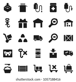 Flat vector icon set - washing powder vector, cereal, pasta, delivery, wood box, cargo, no trolley, hook, warehouse, package, search, pills bottle, drop counter, relocation truck, gift