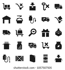 Flat vector icon set - washing powder vector, cereal, pasta, delivery, wood box, cargo, no trolley, hook, warehouse, package, search, pills bottle, drop counter, relocation truck, gift