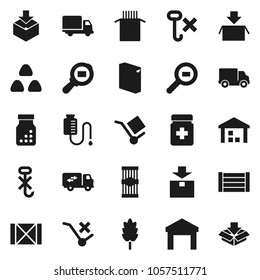 Flat vector icon set - washing powder vector, cereal, pasta, delivery, wood box, cargo, no trolley, hook, warehouse, package, search, pills bottle, drop counter, relocation truck
