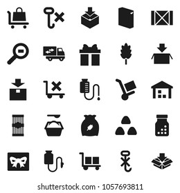 Flat vector icon set - washing powder vector, cereal, pasta, wood box, cargo, no trolley, hook, warehouse, package, search, pills bottle, drop counter, relocation truck, gift