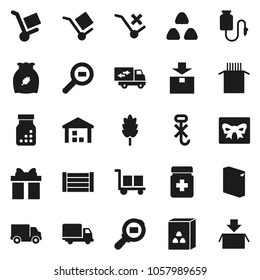 Flat vector icon set - washing powder vector, cereal, pasta, delivery, wood box, cargo, no trolley, hook, warehouse, package, search, pills bottle, drop counter, relocation truck, gift