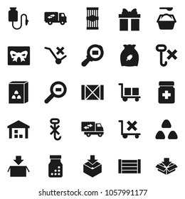 Flat vector icon set - washing powder vector, cereal, pasta, wood box, cargo, no trolley, hook, warehouse, package, search, pills bottle, drop counter, relocation truck, gift