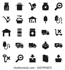 Flat vector icon set - washing powder vector, cereal, pasta, delivery, no trolley, hook, warehouse, package, cargo search, pills bottle, drop counter, relocation truck