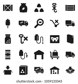 Flat vector icon set - washing powder vector, cereal, pasta, delivery, wood box, no trolley, hook, warehouse, cargo search, pills bottle, drop counter, relocation truck, gift, package