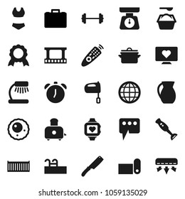 Flat vector icon set - washing powder vector, pan, scales, knife, mixer, toaster, blender, jug, table lamp, alarm clock, medal, case, barbell, swimsuite, heart monitor, fitness mat, sea container