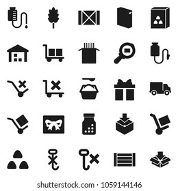 Flat vector icon set - washing powder vector, cereal, pasta, delivery, wood box, cargo, no trolley, hook, warehouse, package, search, pills bottle, drop counter, gift