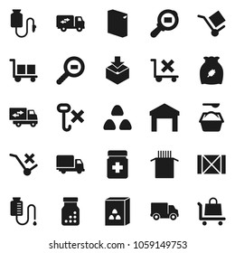 Flat vector icon set - washing powder vector, cereal, pasta, delivery, wood box, cargo, no trolley, hook, warehouse, package, search, pills bottle, drop counter, relocation truck