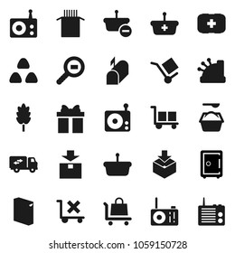 Flat vector icon set - washing powder vector, cereal, pasta, safe, first aid kit, cargo, no trolley, package, search, radio, relocation truck, mailbox, gift, cashbox, basket