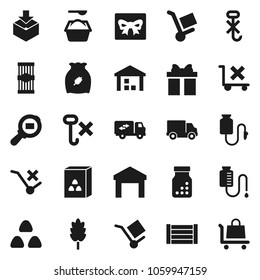 Flat vector icon set - washing powder vector, cereal, pasta, delivery, wood box, cargo, no trolley, hook, warehouse, package, search, pills bottle, drop counter, relocation truck, gift