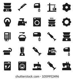 Flat vector icon set - washing powder vector, mixer, double boiler, blender, tomography, gear, washer, construction crane, card reader, dishwasher, coffee maker, meat grinder, sewing machine